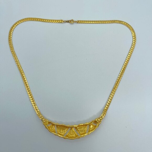 Blue Enamel with Gold Metal Art Deco Link Herringbone Chain Necklace - Picture 5 of 8